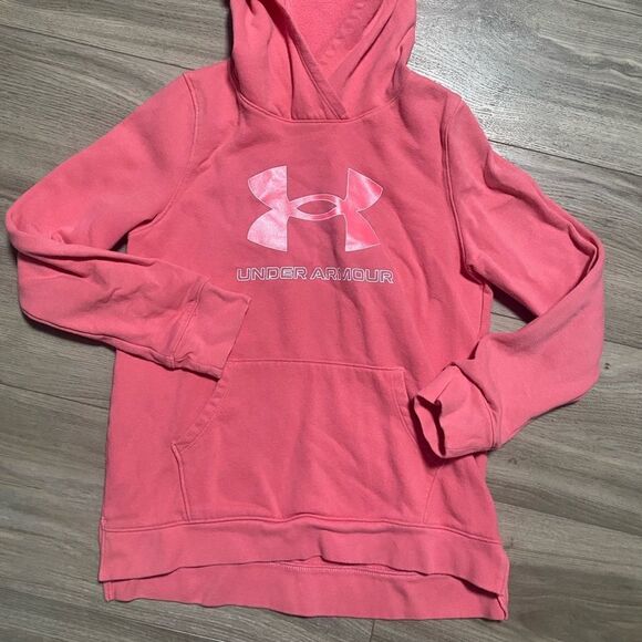 UNDER ARMOUR Big Logo Pink RIVAL HOODIE Sweatshirt Girls Size XL - Picture 2 of 4